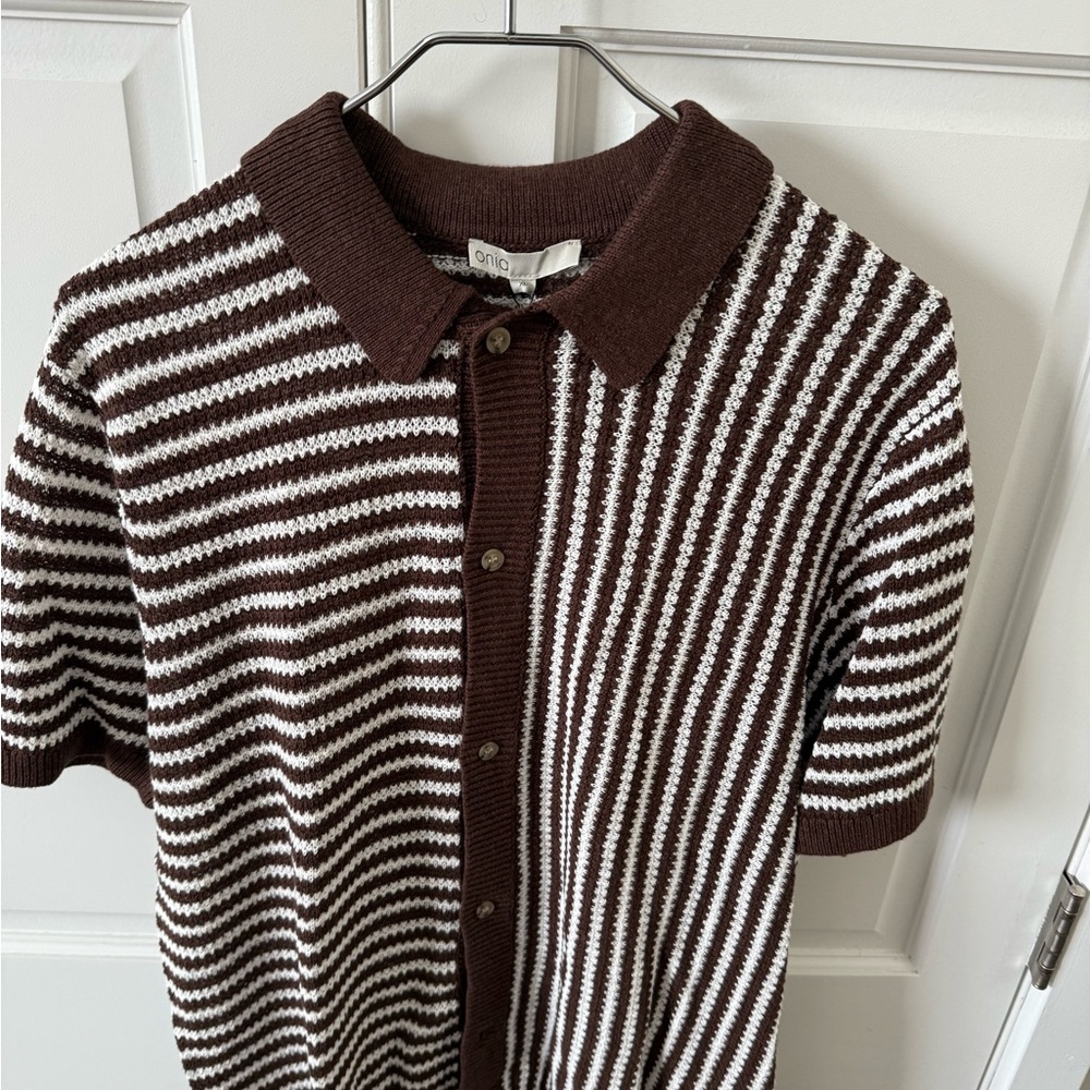 Onia Brown and White Casual Linen Button Down Shirt